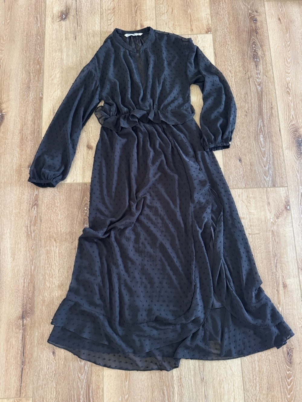 Zara | Black Long Sleeve Dot-Texture Midi Dress | Waist Ruffle Detail | size S